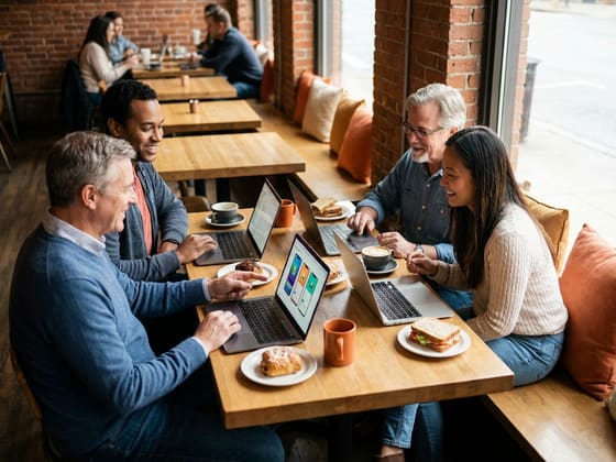 A small team reviewing mobile restaurant menu designs on laptops in a cafe